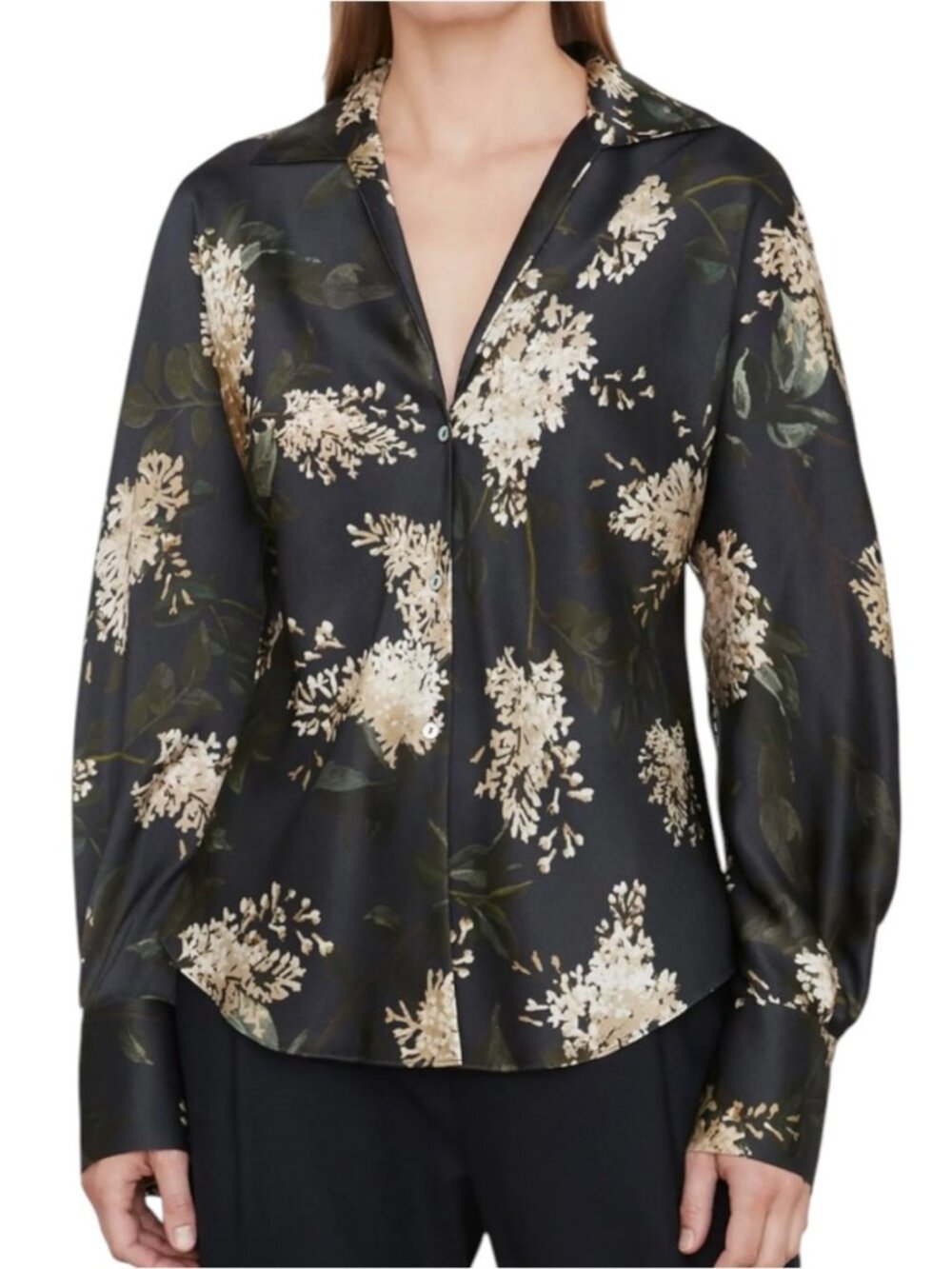 Vince Silk Camilla Bias Cut Dark Floral Blouse Top Black Cream Size Medium